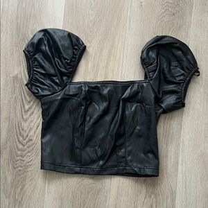 Avec Les Filles Black Faux Leather Puff Sleeve Crop Top